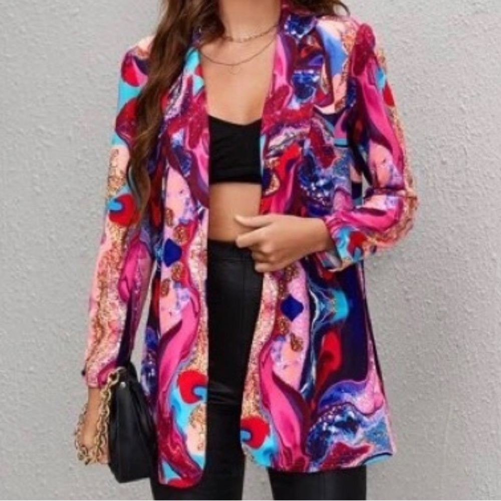 Pink print single button blazer